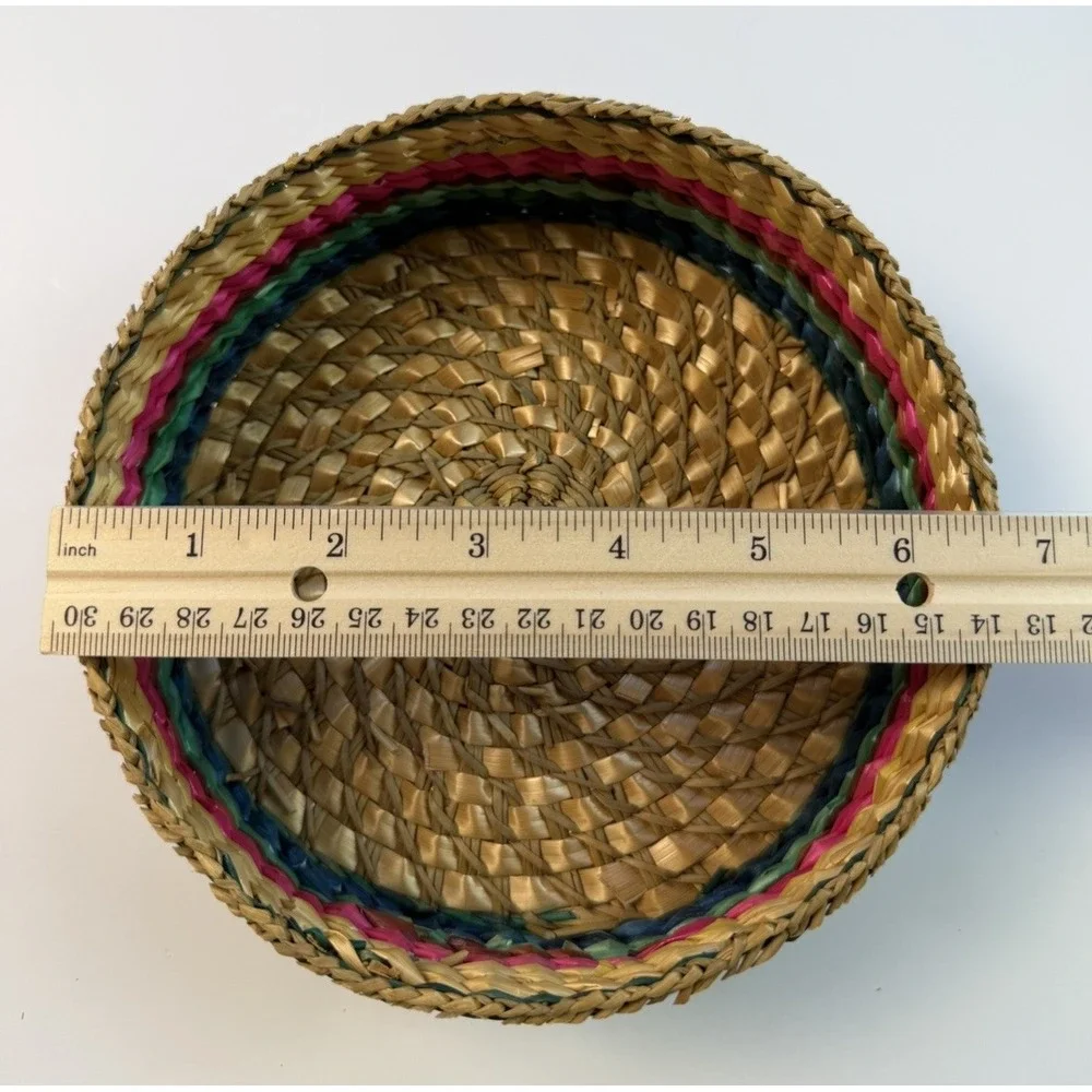 Vintage Woven Straw Nesting Baskets Set of 3 Lidded Boho Decor 1970s Striped